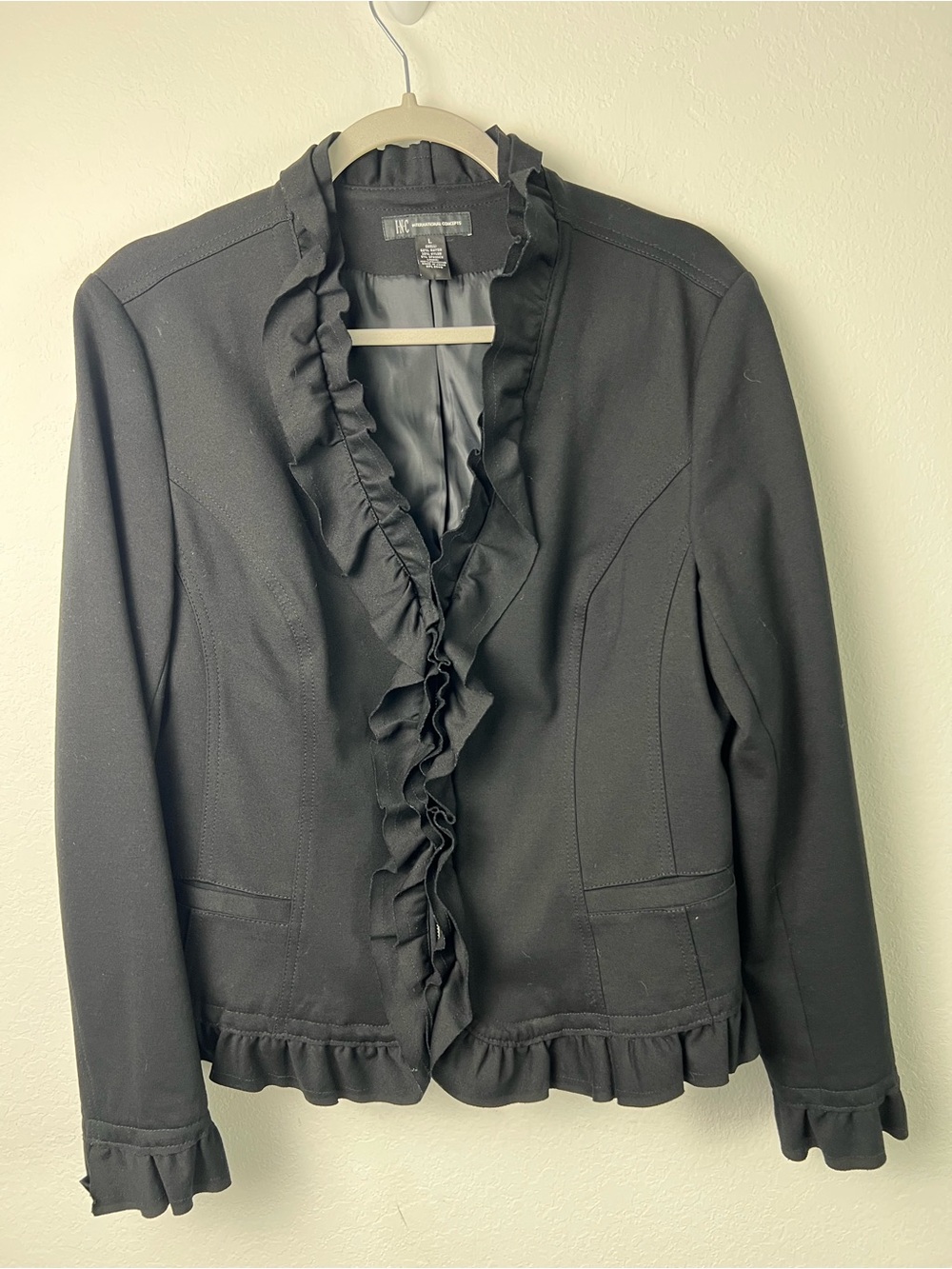 INC International Concepts Black Ruffle Zipper Office Evening Jacket Blazer